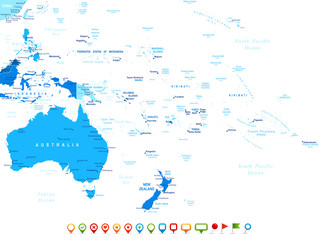 Australia and Oceania map - highly detailed vector illustration. Image contains land contours, country and land names, city names,  water object names.
- navigation icons
