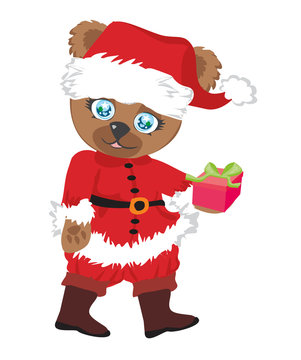 cute brown bear in red Santa's costume isolated
