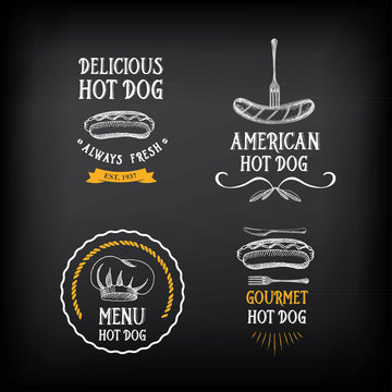 Hot dog badges and menu design elements.