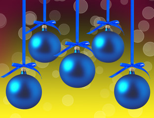 Blue Christmas balls with bows over bright background