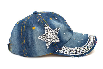 Blue jeans cap on white background.