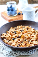 homemade granola with fresh blueberries, raspberries, raisins, milk and honey. Healthy Breakfast