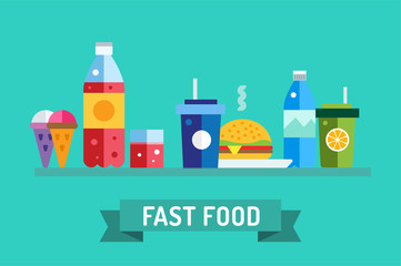 Fast food vector objects set. Water bottle, juice, eat, ice