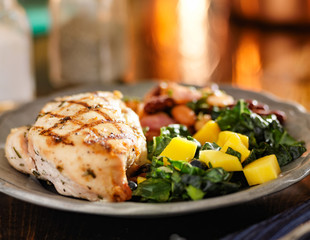 mango kale saiad and beans with grilled chicken breast