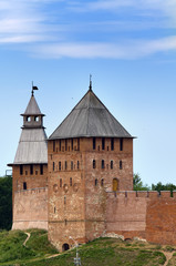 Fototapeta na wymiar Great Novgorod. The Kremlin wall with towers. Russia..