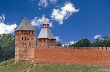 Great Novgorod. The Kremlin wall with towers. Russia..