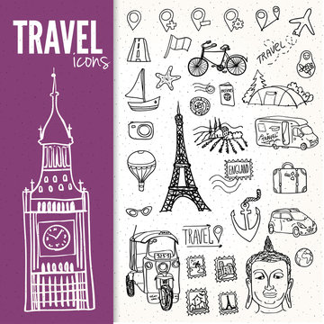 hand-drawn travel symbols set