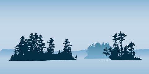 Silhouette illustration of a islands on a northern lake with pine trees,