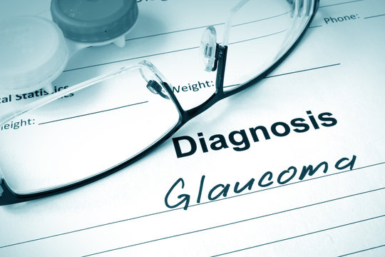 Diagnosis list with Glaucoma and glasses. Eye disorder concept.