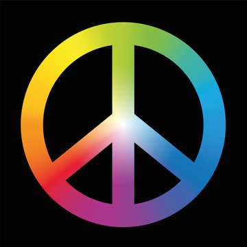 Peace sign with circular rainbow gradient coloring. Vector illustration on black background.