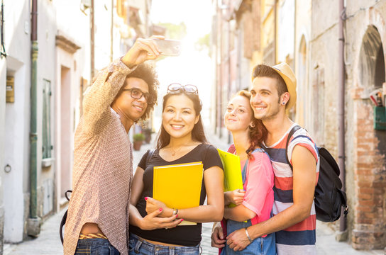 group of students get a selfie - people, technology and lifestyle concept