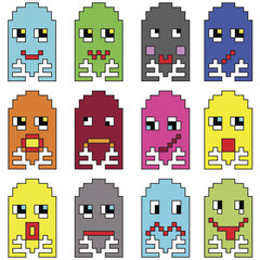 Pixelated  emoticons 2 inspired  by 90's vintage video computer  games showing vary emotions with stroke 
