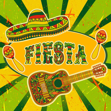 Mexican Fiesta Party Invitation with maracas, sombrero and guitar. Hand drawn vector illustration poster with grunge background