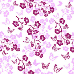 Twig cherry blossoms and butterfly. Seamless