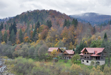 Fototapeta na wymiar Yaremche village in autumn, Carpathians, Ukraine.