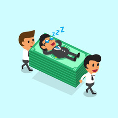 Cartoon business team carrying money stack but business boss fall asleep for design.