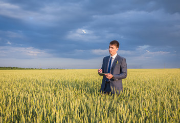 Businessman on a wheat field 