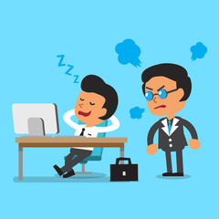 Cartoon businessman falling asleep in his office for design.