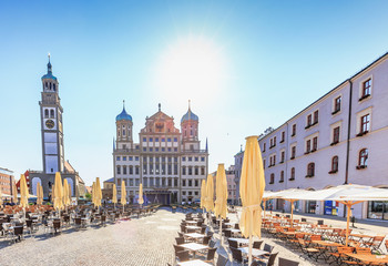 Augsburg City in Bavaria, Germany. Outdoor travel Pictures from Public Places on a hot summer day - obrazy, fototapety, plakaty