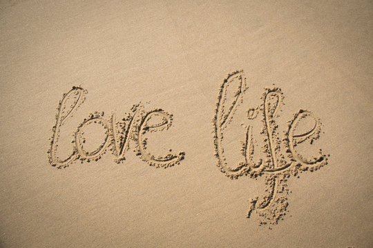 The words love life written in the sand on a beach in Mozambique
