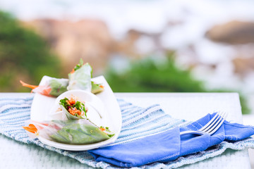 Vietnamese spring rolls with vegetables and coriander on a plate