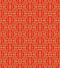 Golden seamless Chinese window tracery square geometry pattern background.
