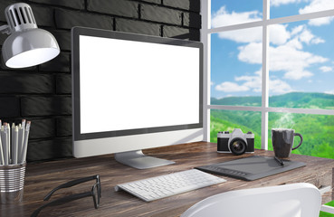 Fototapeta premium 3D illustration PC screen on table in office, Workspace