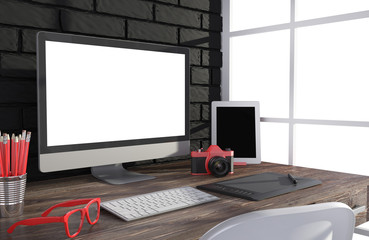 Fototapeta premium 3D illustration PC screen on table in office, Workspace