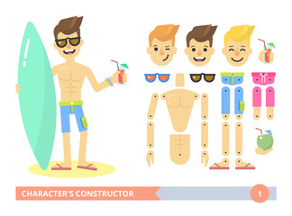 Character’s constructor: young fit sexy man on the beach in shorts. Flat animation ready vector customizable doll with separate joints. Extra gestures, facial expressions and items. Surfer guy. Flat