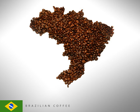 Brazilian Map with Coffee Beans, Brazil Flag
