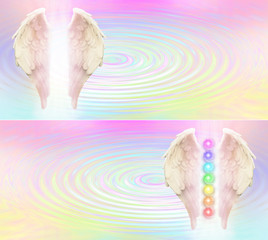 Reiki Angel Wings and Seven Chakras website header -  Angel wings and seven chakras on pastel rainbow colored rippling water pool background with light between wings and plenty of copy space - obrazy, fototapety, plakaty