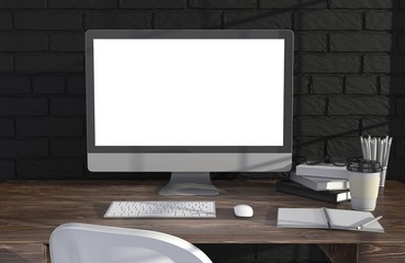 Fototapeta premium 3D illustration PC screen on table in office, Workspace