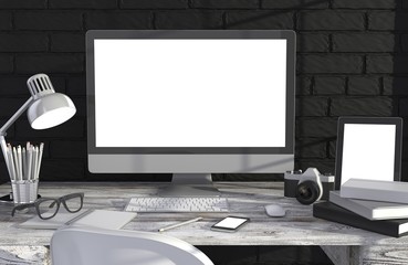 Fototapeta premium 3D illustration PC screen on table in office, Workspace