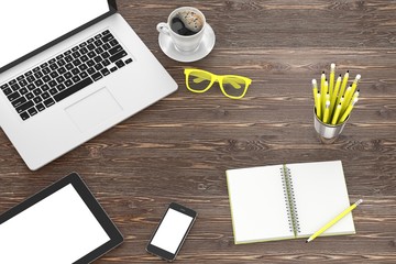 laptop and office stuff, workplace, top view