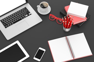 laptop and office stuff, workplace, top view