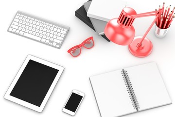 office stuff on table, workplace, top view