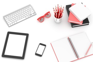 office stuff on table, workplace, top view