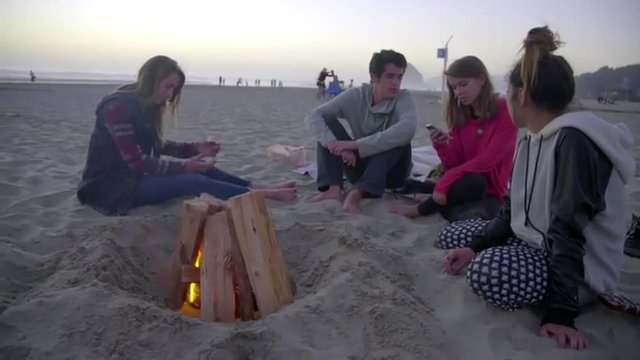 Cute girl takes a selfie with her cell phone by the fire 