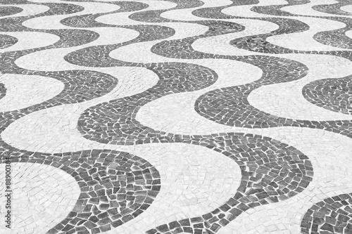 “Iconic black and white wave sidewalk tile pattern at Copacabana Beach