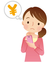 スマホを持つ女性　主婦　表情　お金