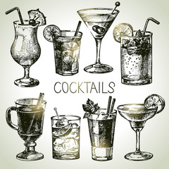 Fototapety  Ręcznie rysowane szkic zestaw koktajli alkoholowych