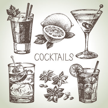 Hand drawn sketch set of alcoholic cocktails