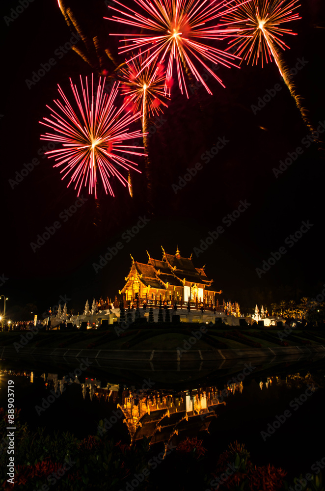 Wall mural ho kham luang northern thai style building in royal flora temple (ratchaphreuk)in chiang mai,thailan