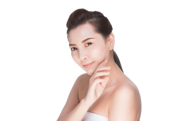 Beautiful woman cares for the skin face, Attractive asian woman Touching her Face, Perfect Fresh Skin, Pure Beauty Model. Youth and Skin Care Concept, , isolated on white with clipping path. 