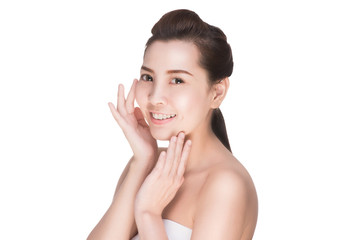 Obraz na płótnie Canvas Beautiful woman cares for the skin face, Attractive asian woman Touching her Face, Perfect Fresh Skin, Pure Beauty Model. Youth and Skin Care Concept, , isolated on white with clipping path. 