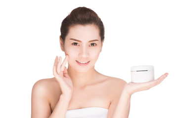 health and beauty concept - Attractive asian woman applying cream on her skin, isolated on white with clipping path.