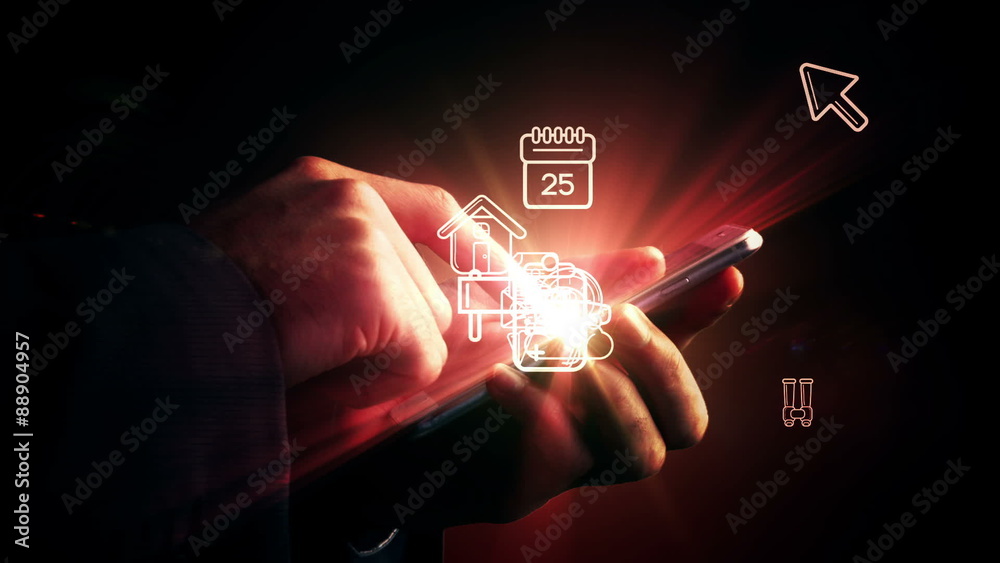 Poster Man using smartphone with holographic apps