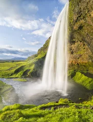 Foto op Plexiglas waterval met groen gras en lucht in IJsland © sergejson