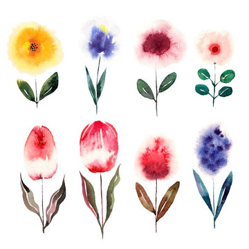 Watercolor cartoon flowers set. Vector illustration
