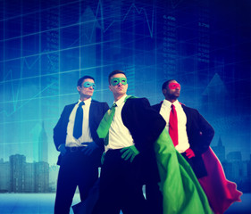 Superhero Business People Strength Cityscape Stock Concept